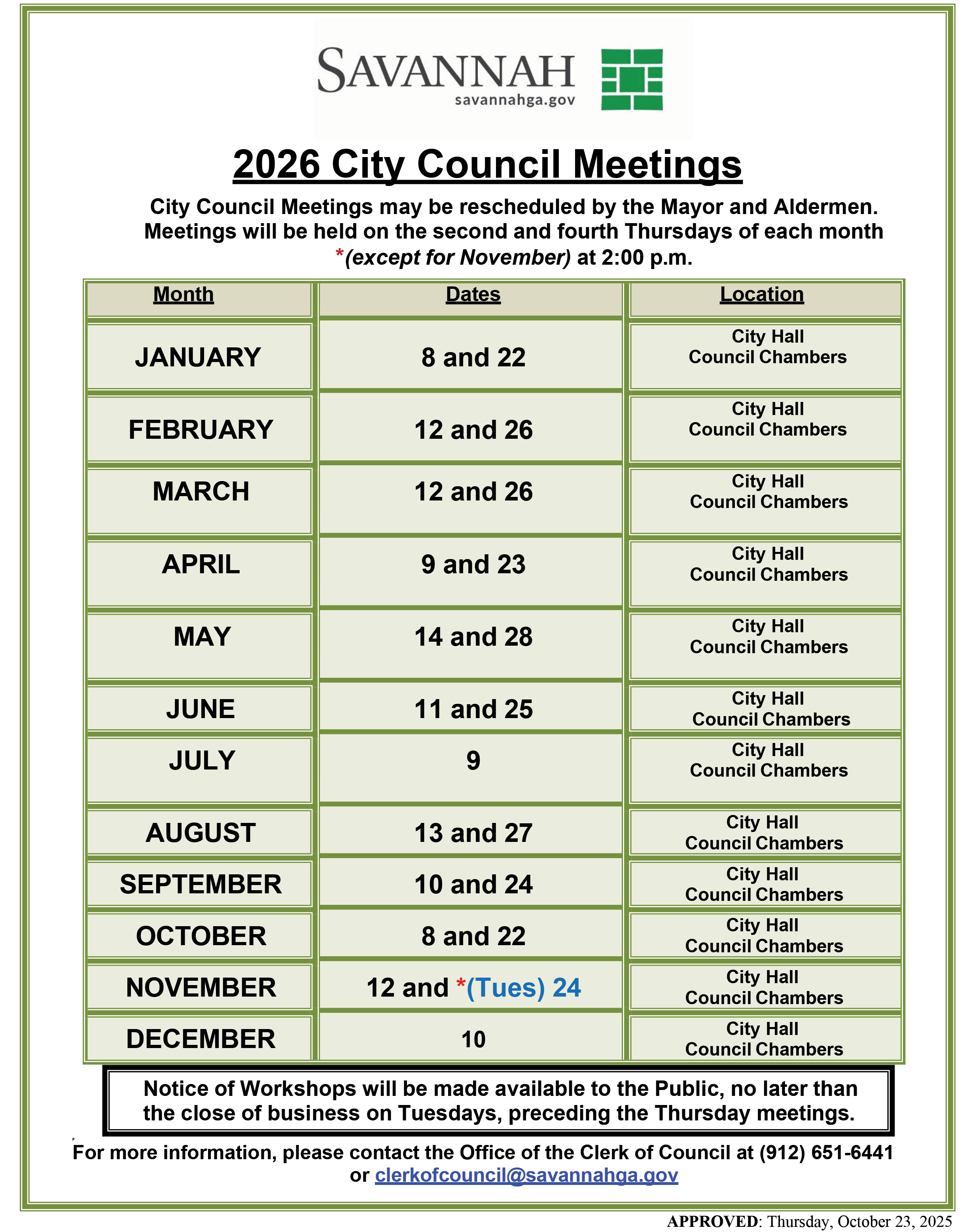 2026 COUNCIL MEETING SCHEDULE