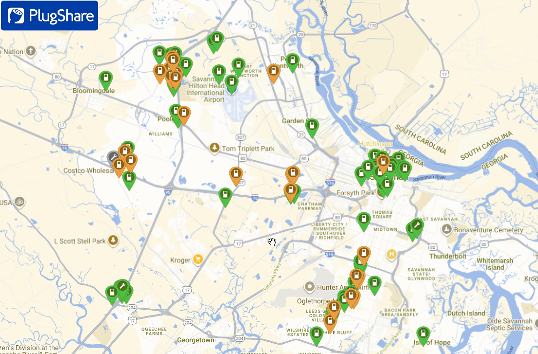 Plugshare Map Image that shows the locations of EV chargers around the City of Savannah and surrounding areas.